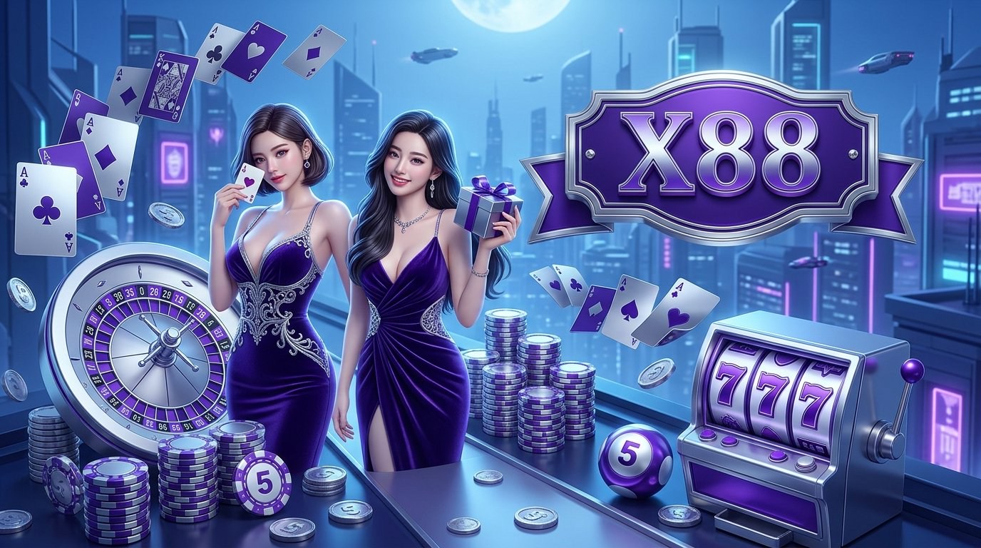Ảnh chụp màn hình trang chủ X88 Mega Ace với băng chuyền ưu đãi và thanh điều hướng